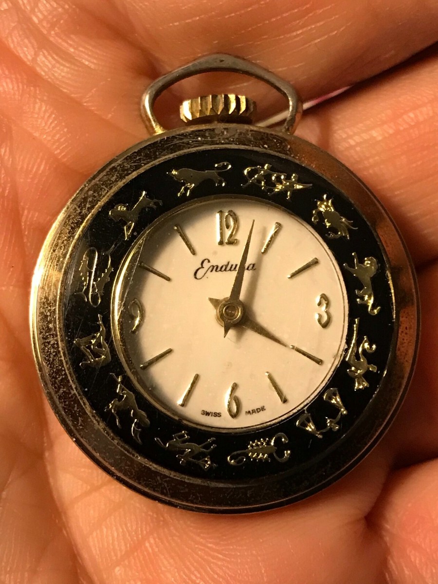 VTG Swiss Made Endura Gold Tone Black Enamel Zodiac Pocket Watch