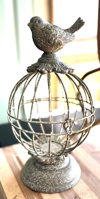 Decorative Metal Rustic Gray White Finish Table Decor Bird Cage Top Opens Hinged