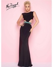 Mac Duggal Black 65521 Scoop Neck Column Cut Out Beaded Belt Dress Size 2 NWT