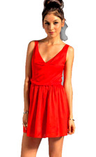 PATTERSON KINCAID 'Kramer'~Red Blouson Double V Flare Versatile Dress S NEW $248