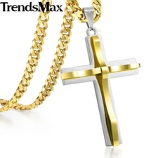 22" Cross Pendant Necklace Black/Gold Plated Stainless Steel Curb Cuban Link 5mm