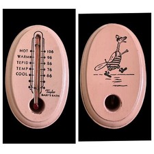 Vintage Early 1920s Wooden Baby Bath Thermometer, Pink, cartoon on back