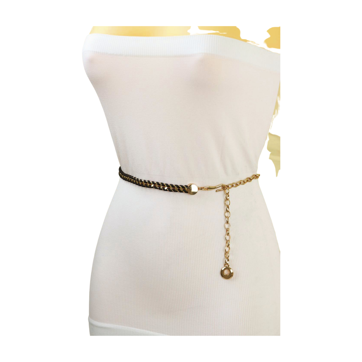 gold chain belt with braided links and Women Gold Metal Chain Black Braided Skinny Luxurious Design  main image 2