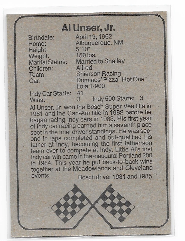 1986 Bosch Indy Racing AL UNSER JR Trading Card - Image 2 of 2