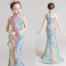 Halter Sequined Sweep Train Princess Fitted Mermaid Slit Dress Multicolored Gown