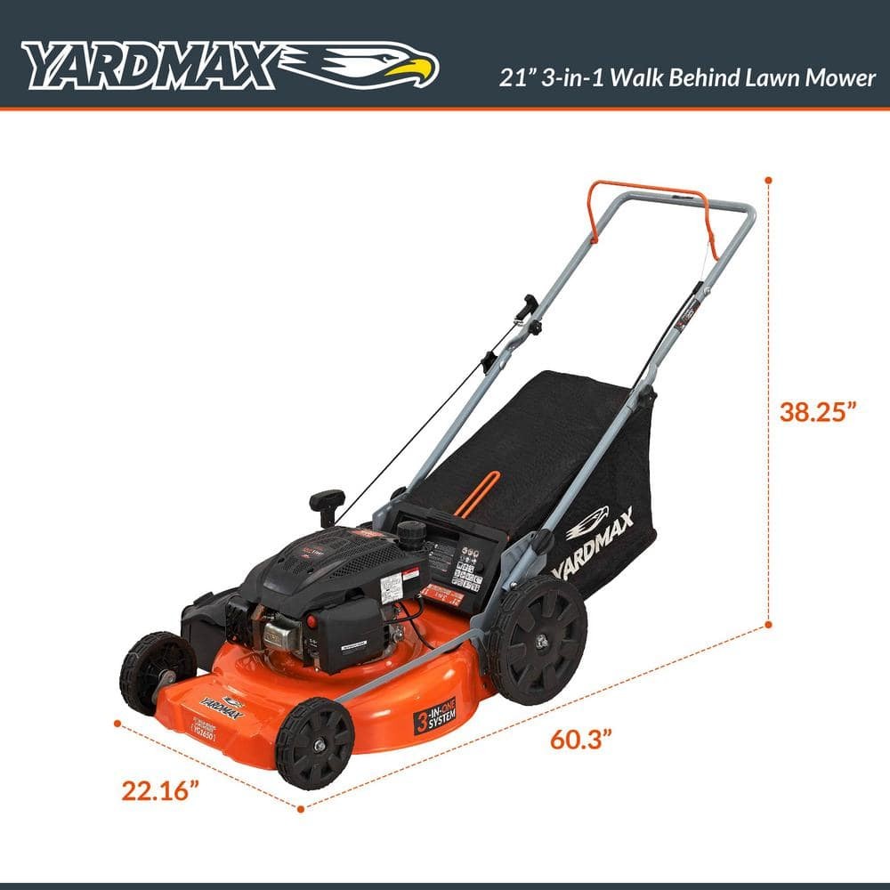 YARDMAX 21 in. 170cc 3-in-1 Gas Push Lawn Mower w/ High Rear
