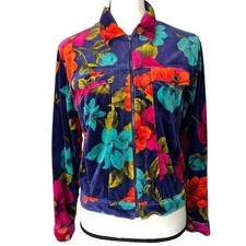Vintage 90s Carole Little Floral Jacket Small Purple Multicolor Zip Up Cropped
