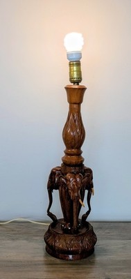 VTG 1970s Hand Carved Teak Wood Asian Style Elephant Lamp Base  Tested Works MCM