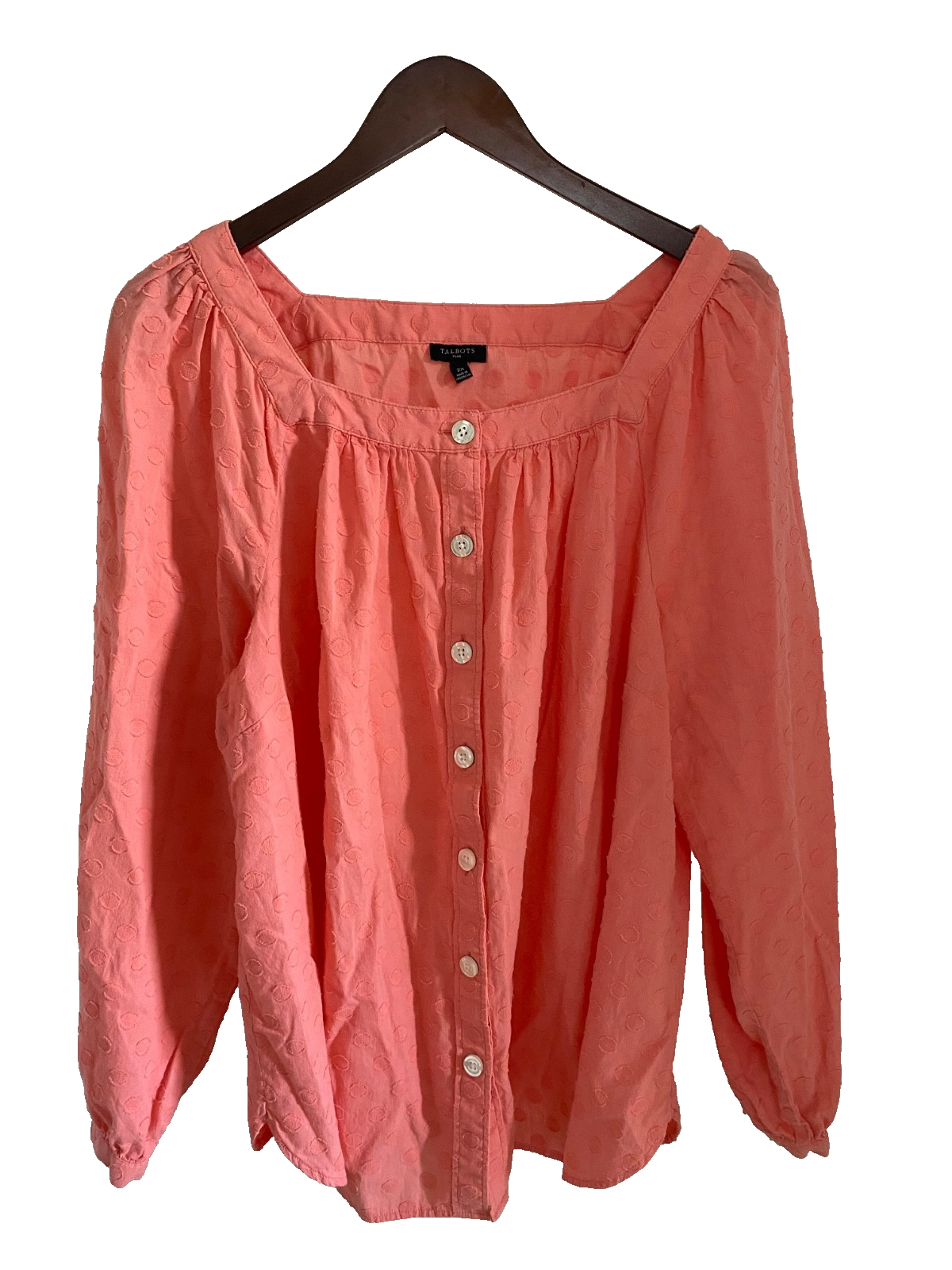 Talbots Plus 2X Top Coral Square Neck Button Front Long Sleeve Blouse