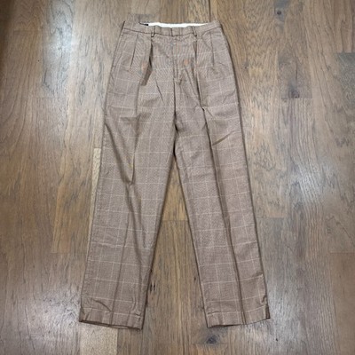 Vintage Polo Ralph Lauren Pants Mens 34 Brown Cotton Plaid Pleated Cuff Trousers