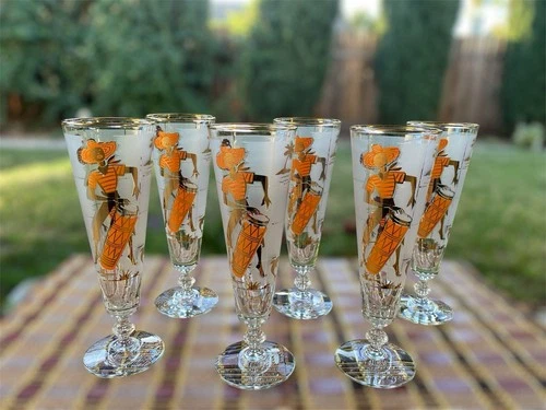 6 VTG MCM Libbey Caribbean Havana Calypso Dancers Tiki Pilsner Glasses 22K Gold