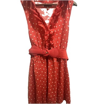 Pinup style red &white polka dot sleeveless dress, ruffled V-neck matching belt