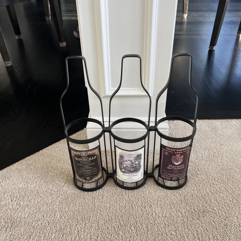 Vintage Black Metal 3 Bottle Wine Holder Rack w Decorative Wine Labels