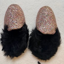 Victoria's Secret Glitter Slippers Size M Black Fur