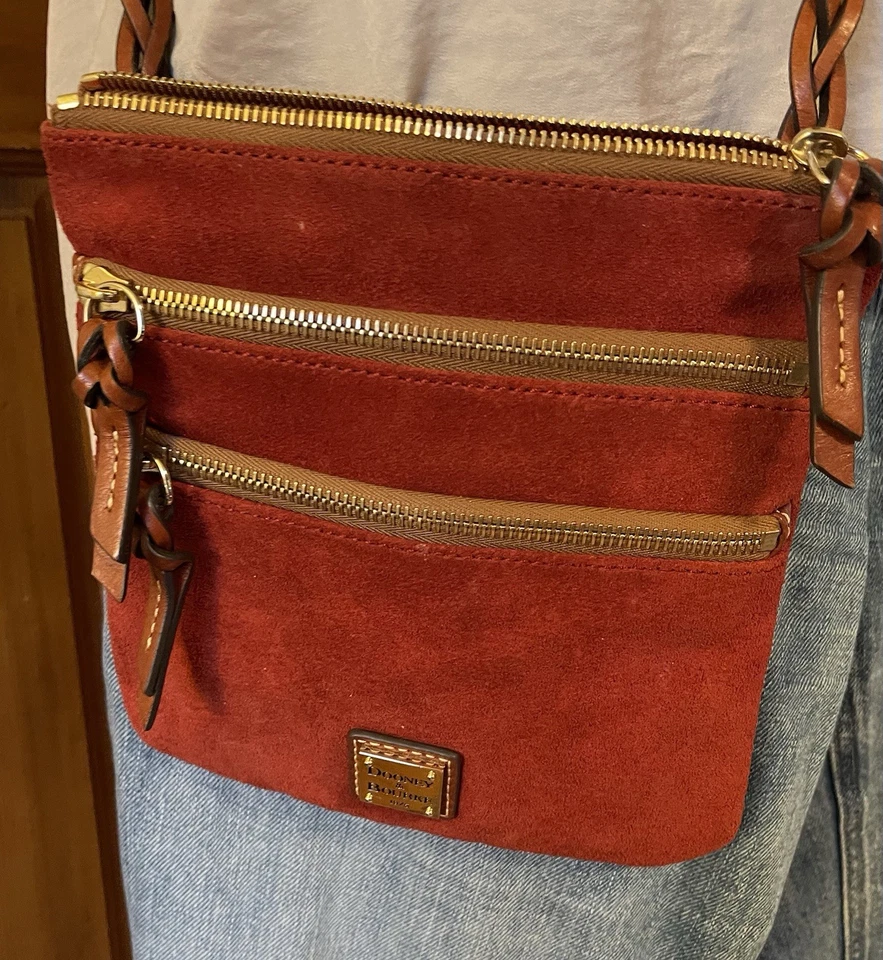Dooney & Bourke Red Suede Triple Zip Crossbody Purse 8” Lined Lng Strap 26” Drop - Image 3 of 4