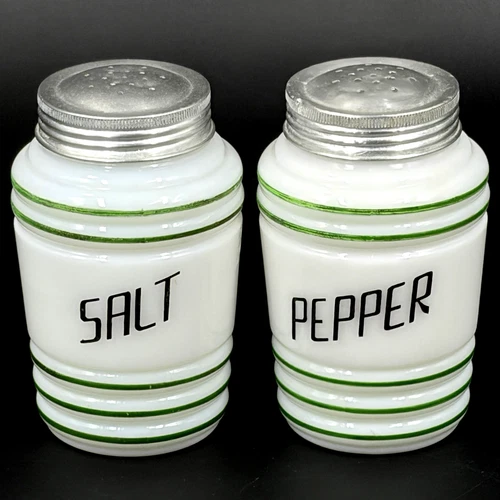 Vtg Hazel Atlas Milk Glass Salt Pepper Set 4.5" Shakers Green Stripe Black Font