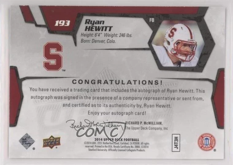2014 Upper Deck Star Rookies Silver Spectrum /10 Ryan Hewitt #193 Rookie Auto RC - Image 2 of 2