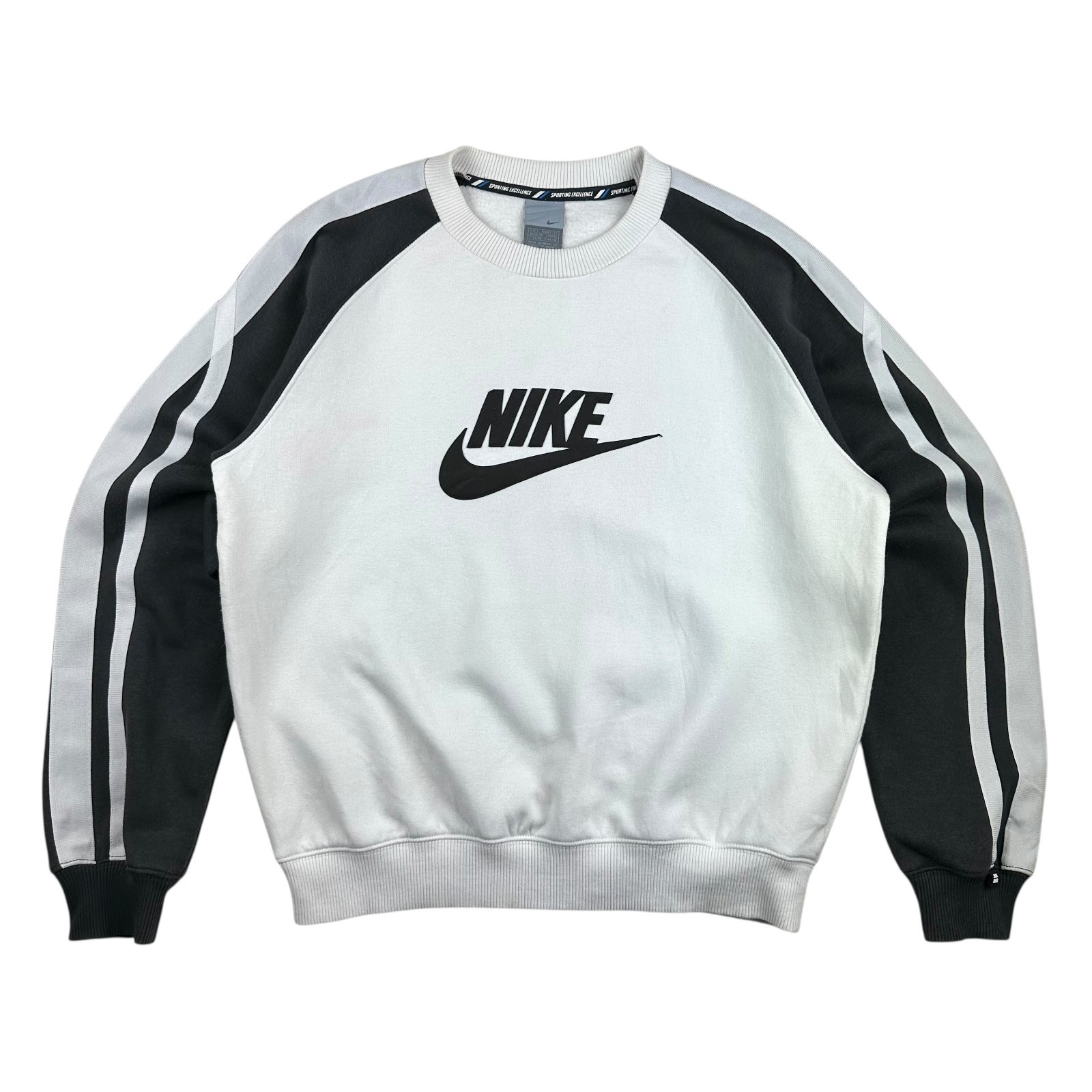Sudadera vintage Nike para hombre pequeña deletreada blanca negra retro pulóver