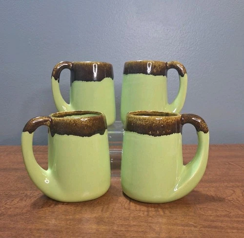 MCM Vtg Set Of 4 Green With Brown Drip Glaze Edge Handmade Pottery Coffee Mugs