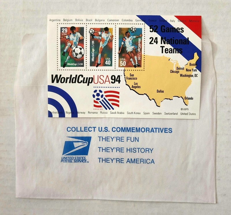 1994 US MENS World Cup Soccer Souvenir Stamp Sheet Of 3 USPS Stamps .29 .40 .50 