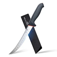 Curved Breaking Knife 8 inch W/Sheath & SoftGrip Handle, Butcher Breaking Kni...