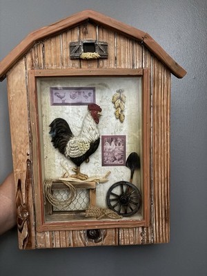 Rustic Farmhouse Hen & Rooster Barn-Shaped Shadow Box Wall Decor, 3D Effect