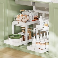 2 Pack Under Sink Organizer Bamboo Wooden 2-Tier Pull-Out Storage with Sliding