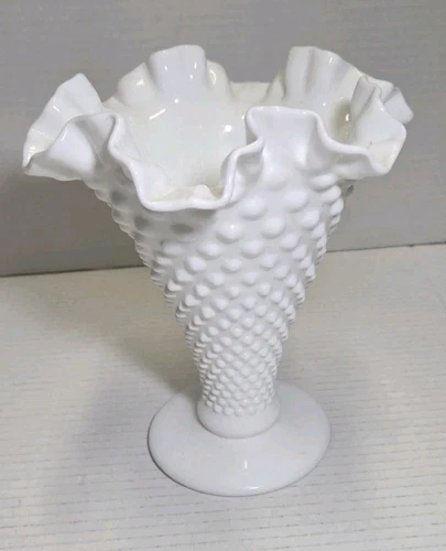 Vintage Fenton White Milk Glass Hobnail 8" Trumpet Vase w/Ruffled Edge