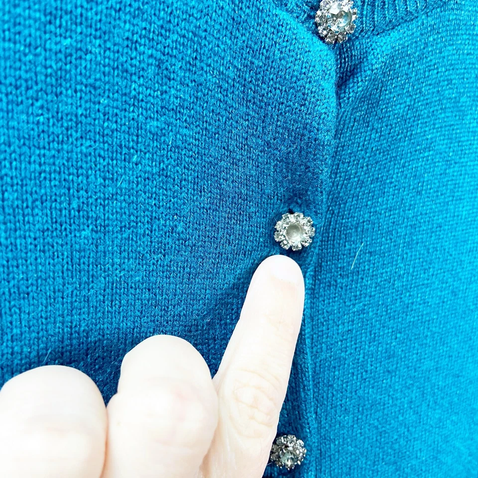 Vintage Express mediano para mujer. Cárdigan abotonado mezcla seda cachemir verde azulado Foto 4 de 4