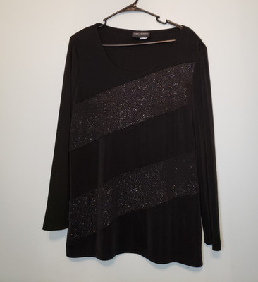 Vtg John Roberts Women 14 Blouse Long Sleeve Round Neck Black Sparkly Stripe USA
