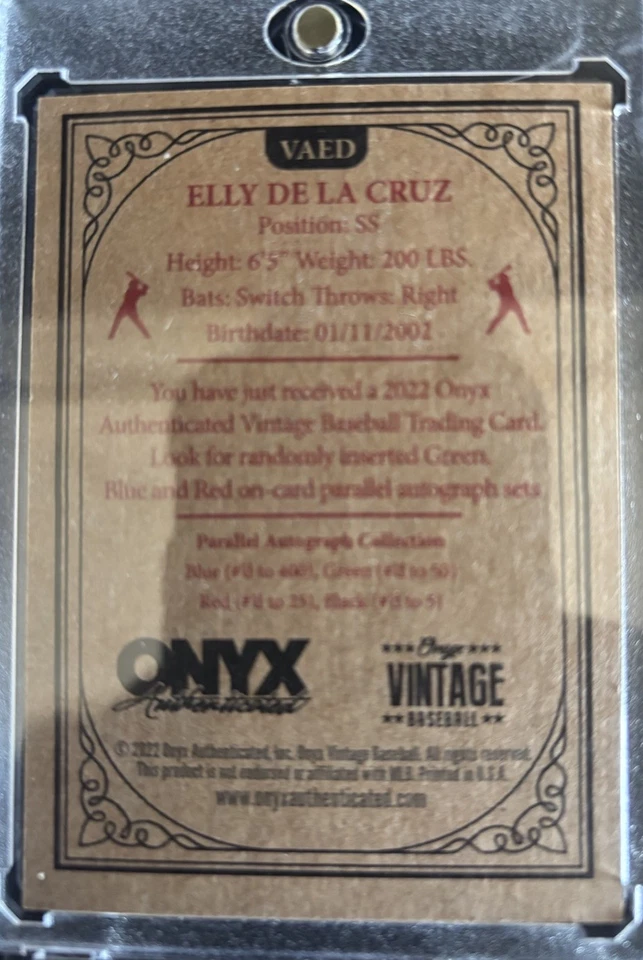 2022 Onyx Vintage Extended - Autographs Elly De La Cruz #VAED Blue Ink /400 (AU, - Image 2 of 2