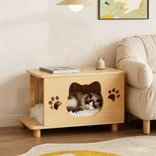4-in-1 Wooden Cat Beds for Indoor Cats, Breathable Cat Cave with Washable Cus...