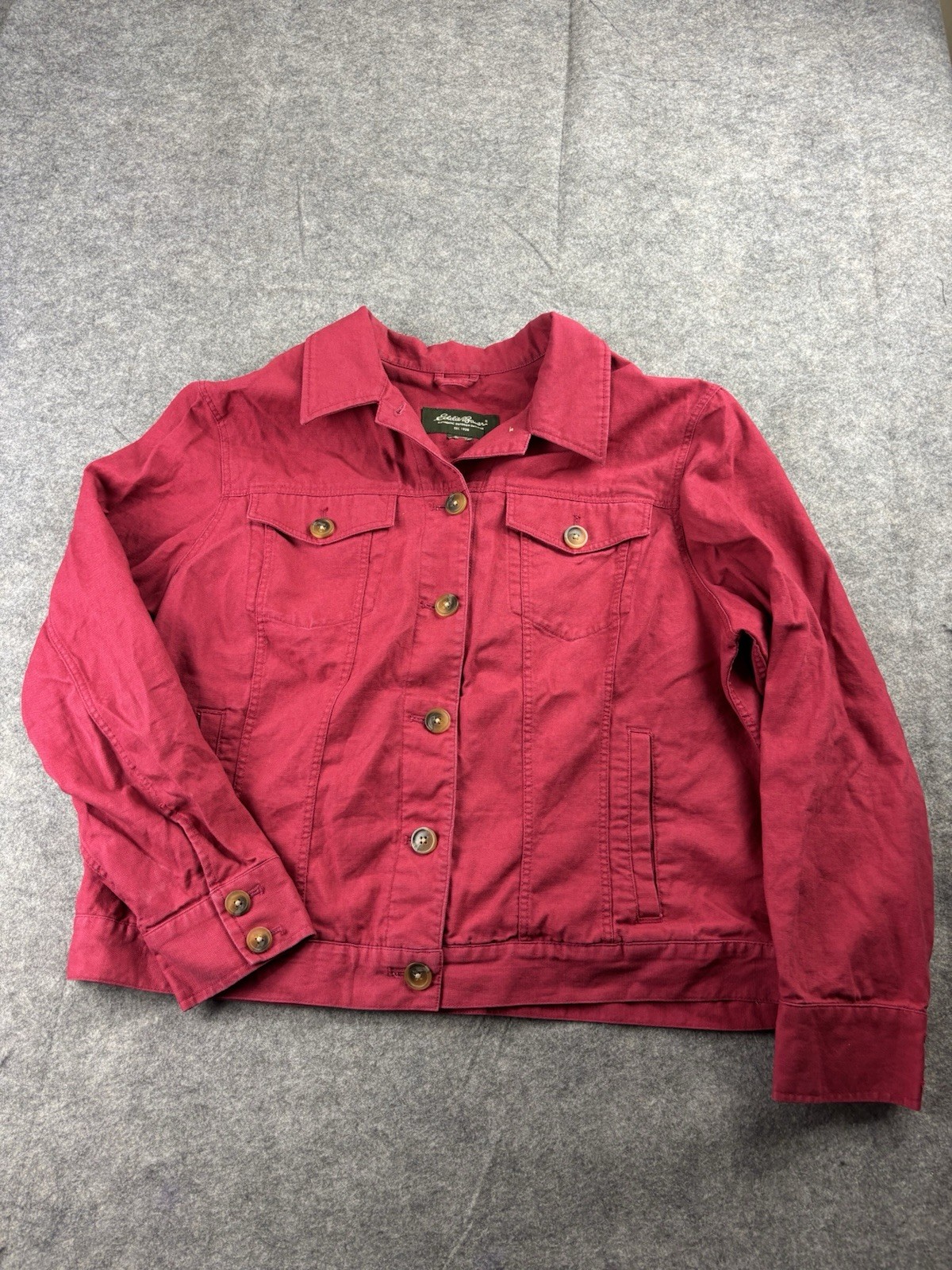 Eddie Bauer Jacket Women’s XL? Linen Blend Red Pockets Trucker Granola