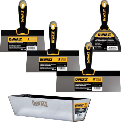 Stainless Steel Taping Knife & Mud Pan Set 8/10/12" Blades + 14"