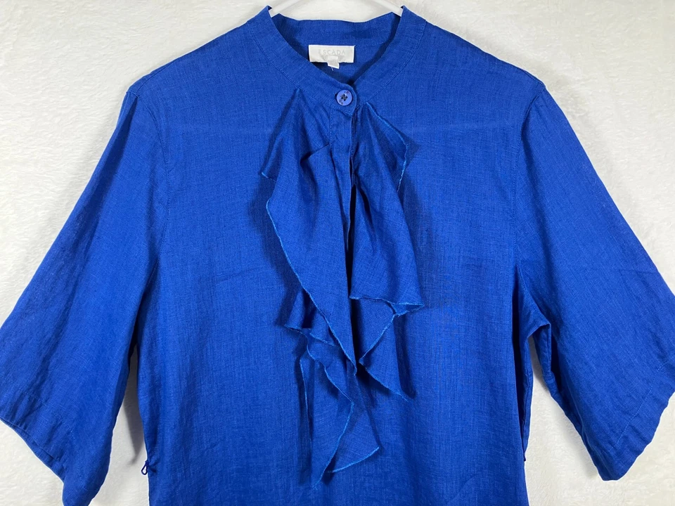 Vestido ESCADA 100% Linho Babado Tamanho 36 / Pequeno Designer Azul Royal SEM CINTO Mudança - Imagem 2 de 4