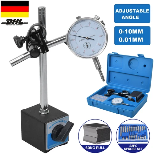 Magnet Messstativ mit Messuhr & Messeinsätzen Messuhrhalter Magnetfuß 10/0.01mm