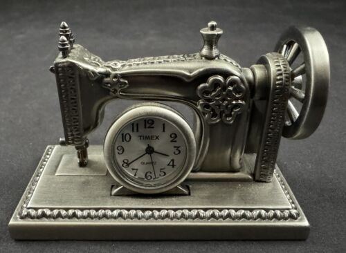 Waterbury Clock Co. Collection By Timex Mini Clock Pewter Tone Sewing Machine - Afbeelding 1 van 5