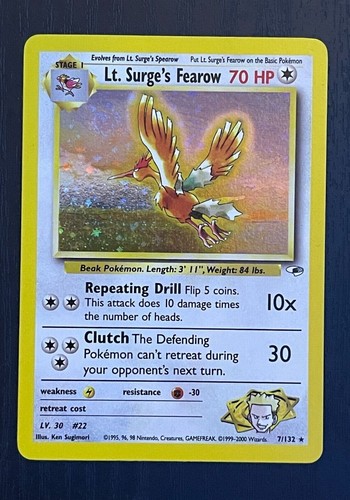 Pokémon Teniente Surge's Fearow Gimnasio Héroes 7/132 Holo Raro Casi Nuevo/M con REMOLINO - Imagen 1 de 3
