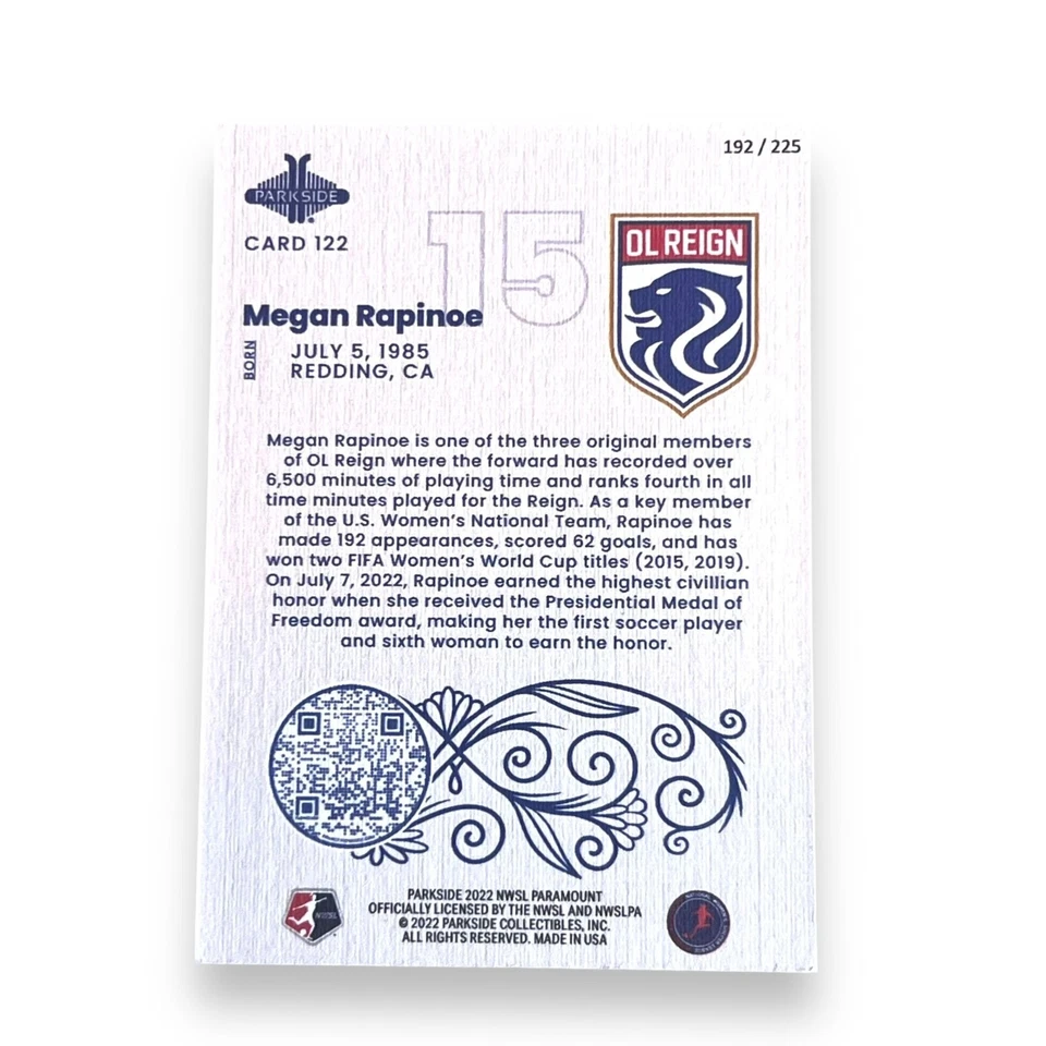 2022 PARKSIDE NWSL PARAMOUNT Megan Rapinoe Pink 192/225 OL Reign - Image 4 of 4