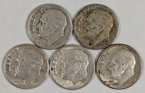 Roosevelt Silver Dimes 5 Different Dates