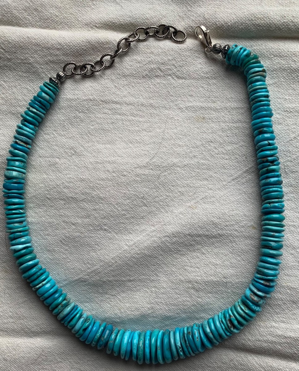 Vintage Disk Turquoise Beaded Navajo Necklace Sterling Silver Adjustable  16-19”