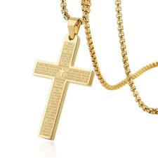 Lord's Prayer Stainless Steel Cross Pendant/Necklace for Men/Women, Religious: