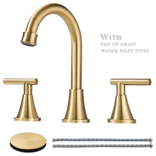 Brushed Gold Widespread Bathroom Faucet 3Hole Sink Vanity Mixer Taps with Drain