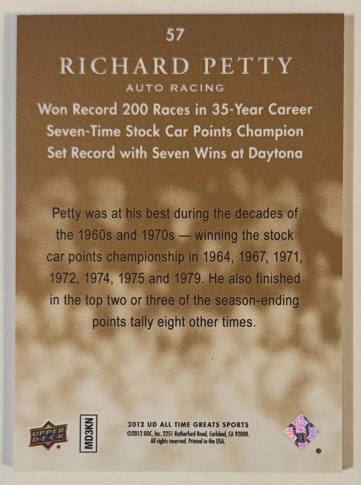 2012 UPPER DECK ALL TIME GREATS RICHARD PETTY CARD #57 BRONZE /65 - Image 2 of 2