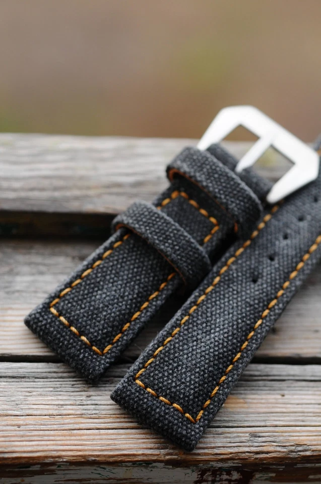 Correa de reloj de lona hecha a mano negra envejecida 26/22 mm *Listo para usar *US-DutyPaid Foto 3 de 4