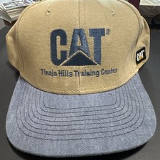 Vintage 90s CAT Tinaja Hills Training Center Hat Tan Blue Strapback USA Made Cap