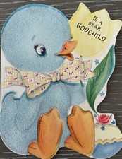 50s Vtg Easter Card Blue Velvet Baby Duck Die-Cut Dear Godchild USED Hallmark