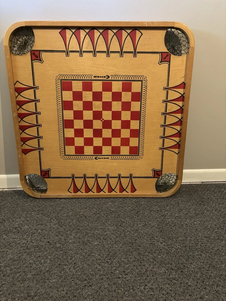 2 double-sided 28.5 x 28.5 Antique Carrom Boards Wood Folk Art Game Board - Image 3 of 4