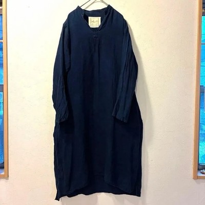 ICHI ANTIQUITES  Long Dress Indigo Dyed 100% Linen Long Sleeves Navy Blue
