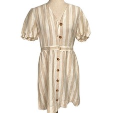 LOFT Dress Women 8 Beige Tan Stripe Shirt Linen Midi Casual Coastal Summer Boho